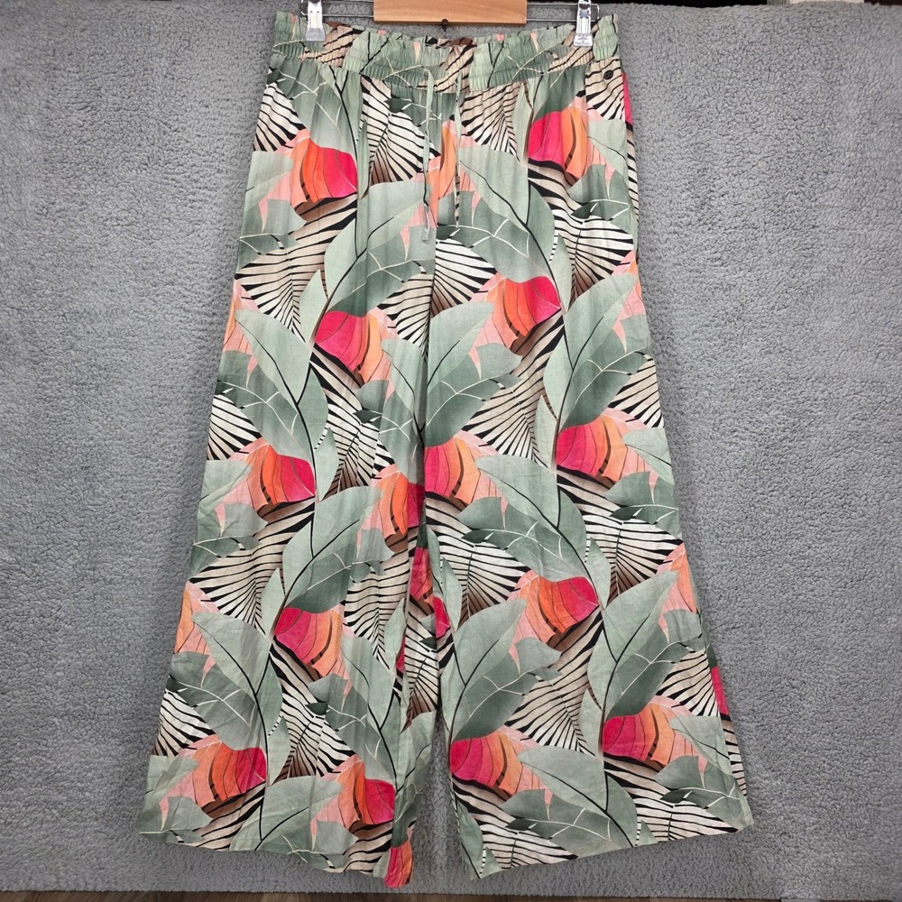 CALIA Medium Tropical Leaf Print Linen Blend Wide Leg Drawstring Pants Green